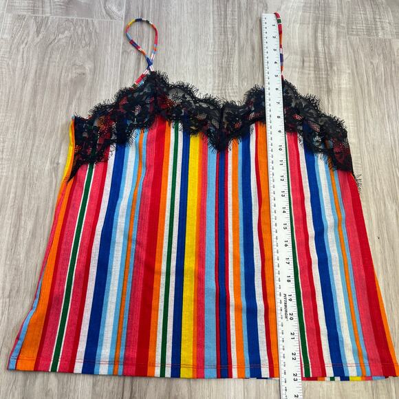 Zara Trafaluc Womens Cami Top Size L Colourful Rainbow Stripe Black Lace Trim - Picture 5 of 8